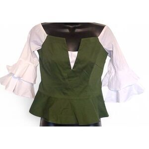 Intermix Womens Large Green Peplum Blouse Off Shoulder Ruffled Sleeves New